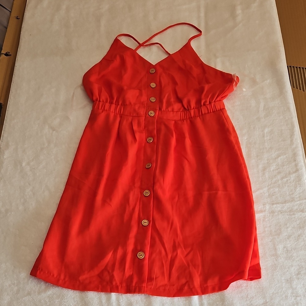 FAVLUX Red Sleeveless V-Neck Button Short Sundress Chiffon Polyester Size M